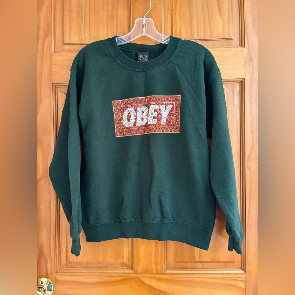 OBEY Carpet Logo Forest Green Crewneck Sweatshirt Y2K Size Small